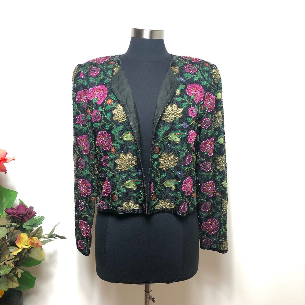 Vintage Beaded Silk Black Floral Jacket - Size L